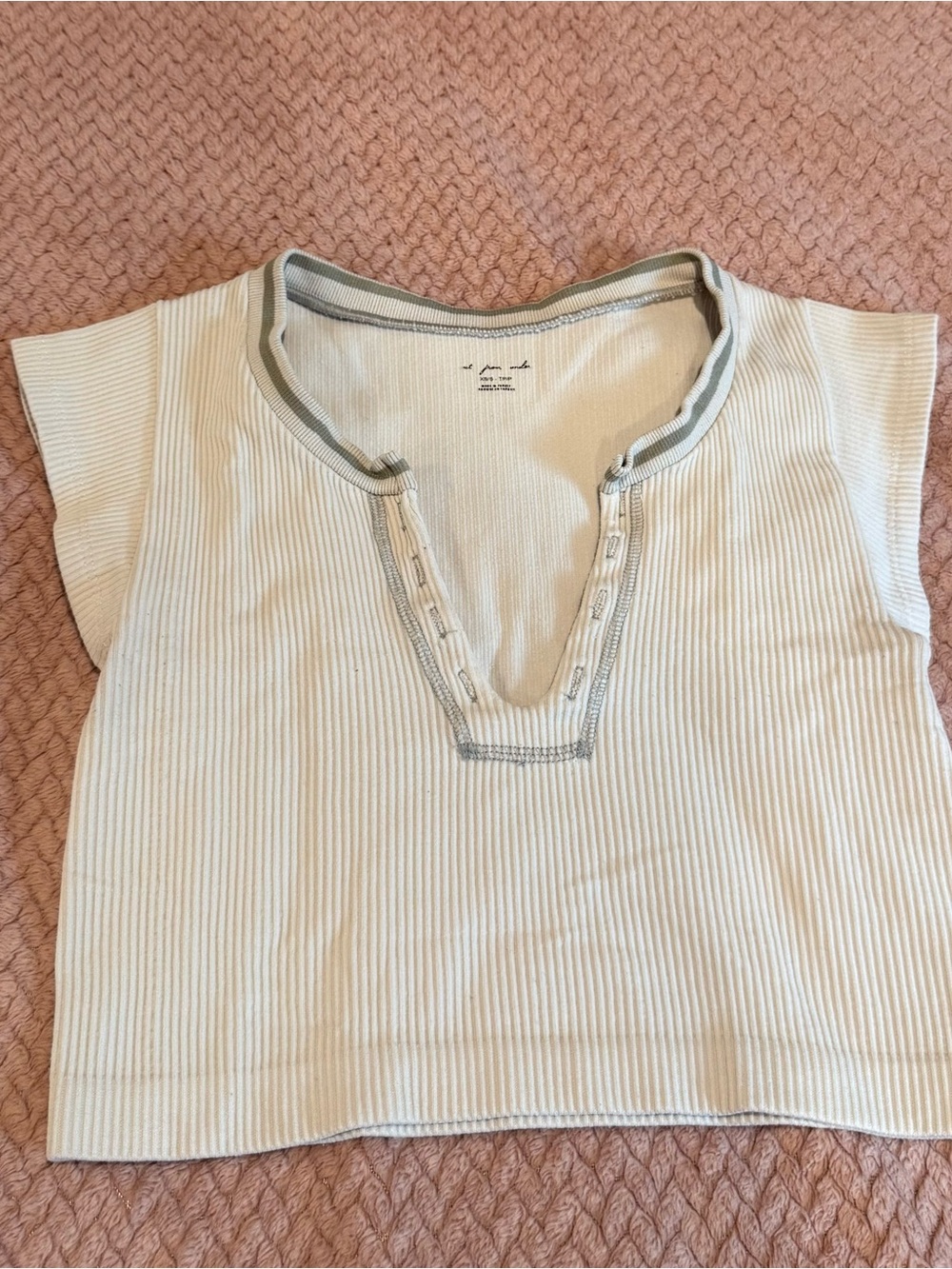 Urban Outfitters Cream Ribbed Crop Top with Sage Trim